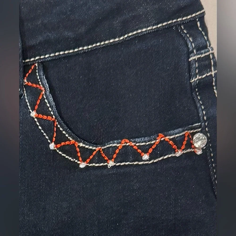 Flamingals Dark Blue Embroidered Bootcut Jeans L Western Stretch Denim